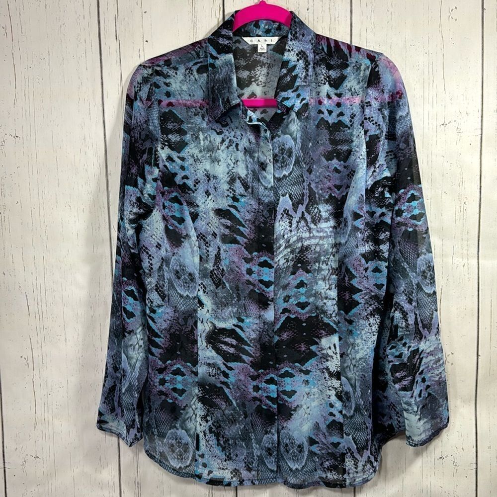 CAbi Womens Snakeskin Print Semi Sheer Long Sleeve Button Down Shirt